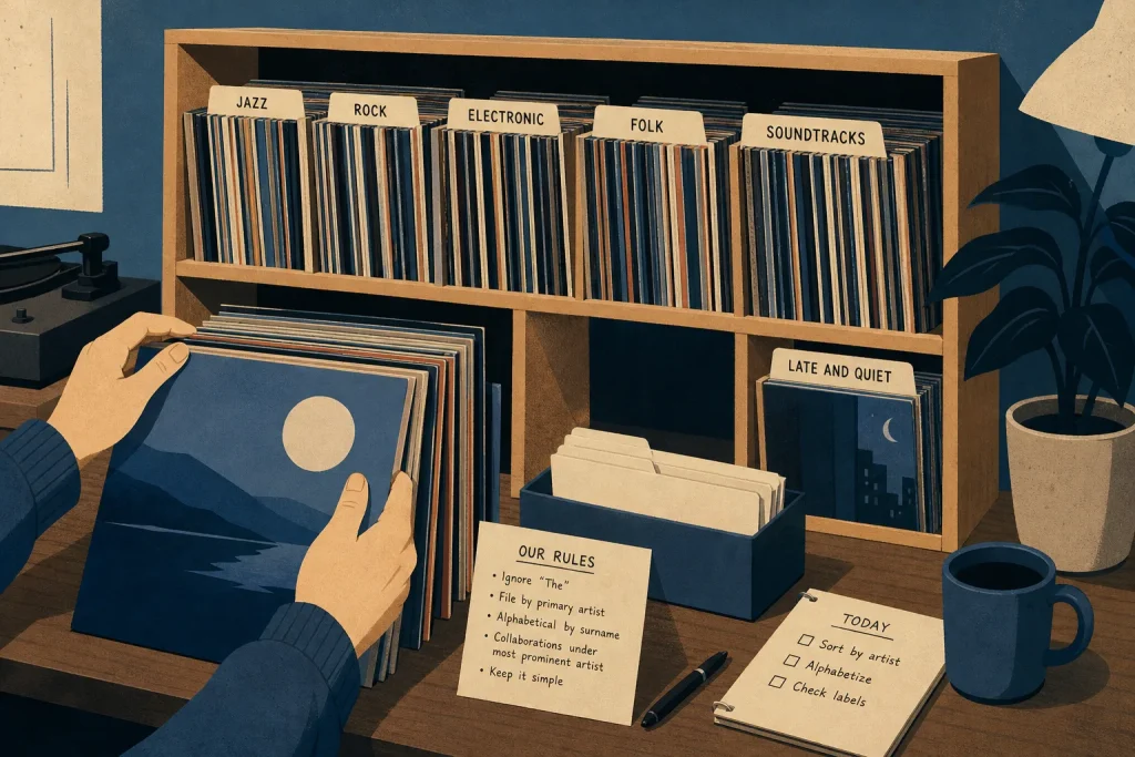 Hands browsing records on a wooden shelf labeled with music genres and organizational notes on a desk