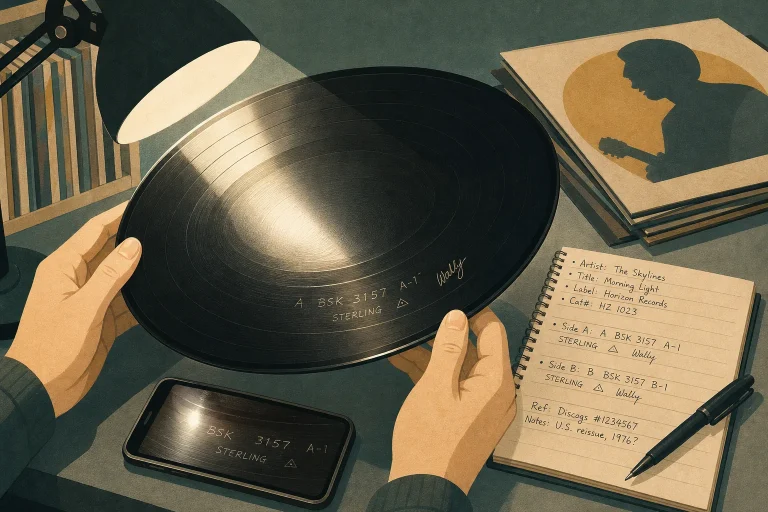 Hands holding a vinyl record under a desk lamp with a notepad, pen, phone, and album covers nearby
