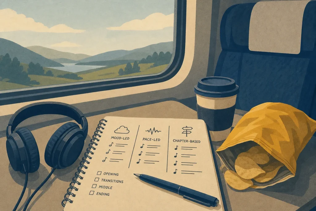 Headphones, notebook with playlist options, pen, coffee cup, and chips on train table by window with landscape view
