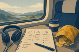 Headphones, notebook with playlist options, pen, coffee cup, and chips on train table by window with landscape view
