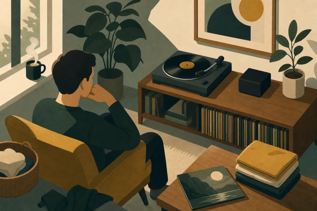 Man sitting in a chair listening to a vinyl record player in a cozy room with plants and bookshelves
