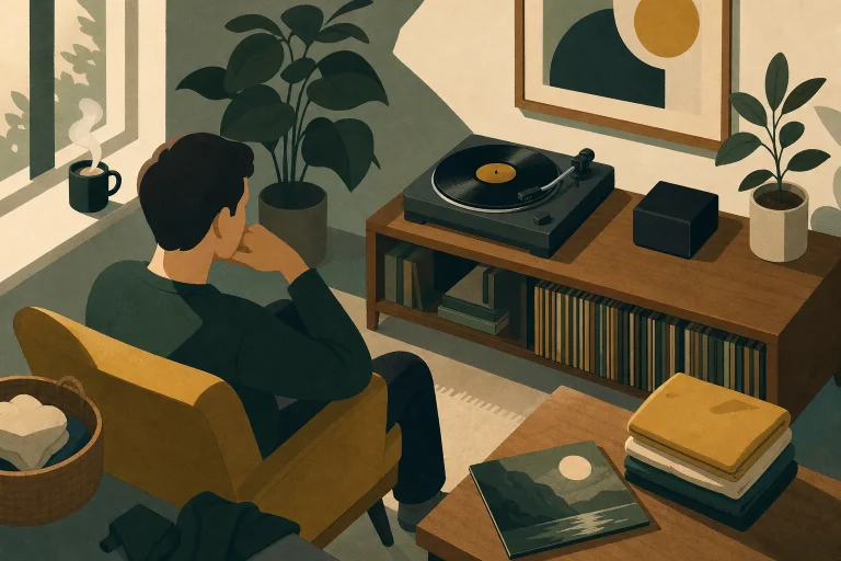 Man sitting in a chair listening to a vinyl record player in a cozy room with plants and bookshelves
