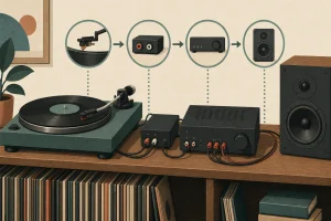 Vintage turntable setup on a wooden shelf with amplifier, speakers, plant, and vinyl records